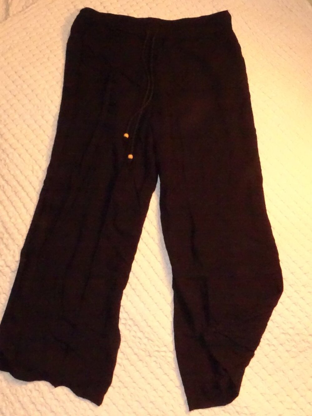Hurley Black Wide Leg Beach Pants Size M Drawstring Wood Bead Ties Lightweight